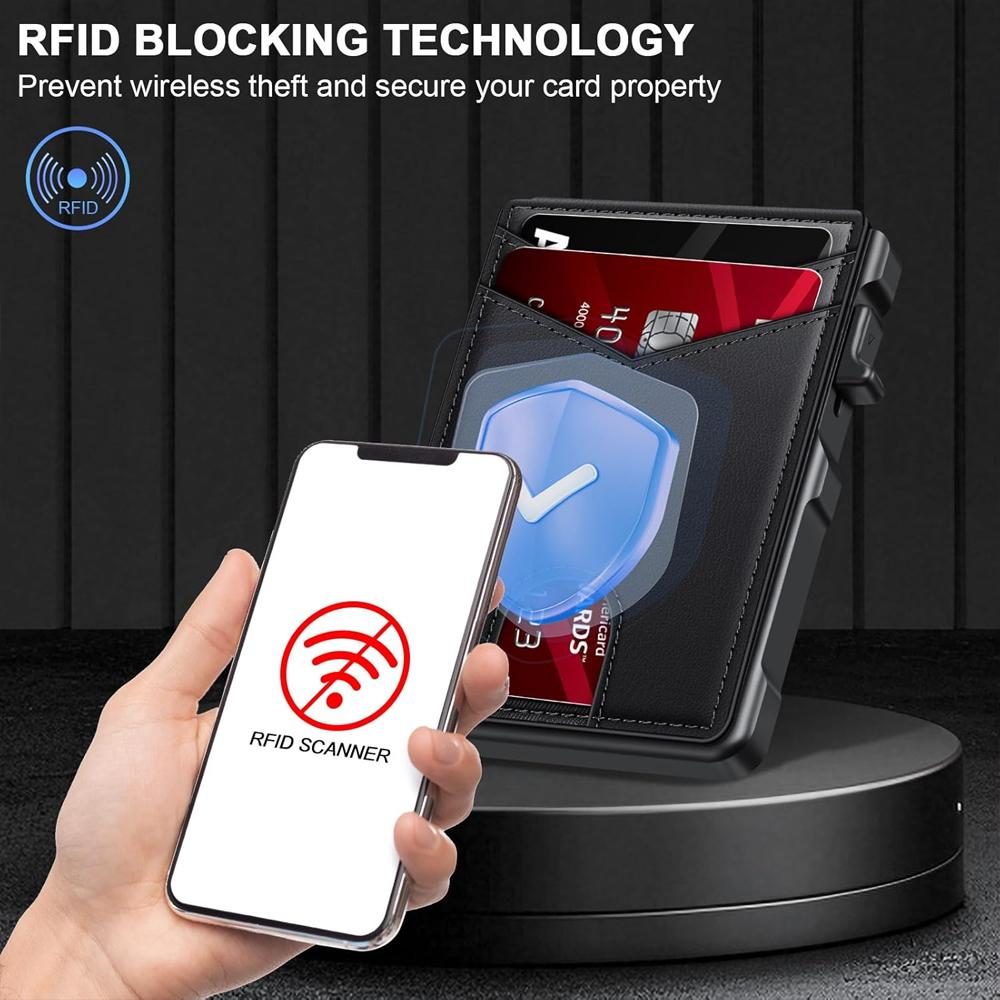 Minimalist Men’s Slim Wallet: 9 - 13 Cards, Money Clip, ID Window. RFID - Blocking, Aluminum Bifold Pop - Up SpringStatements