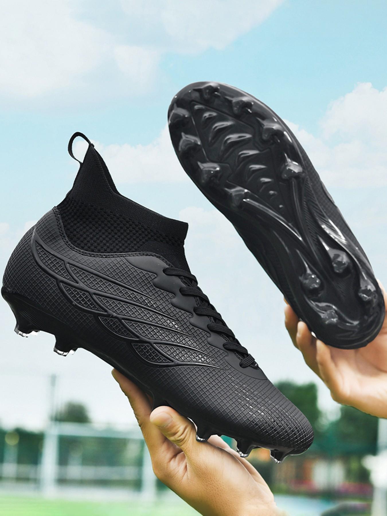 Lace up High Top Football Shoes, Anti-slip Spike Soccer Shoes, Matching Black Football Cleats, Solid Color Outdoor Sports Training Shoes, Men Shoes