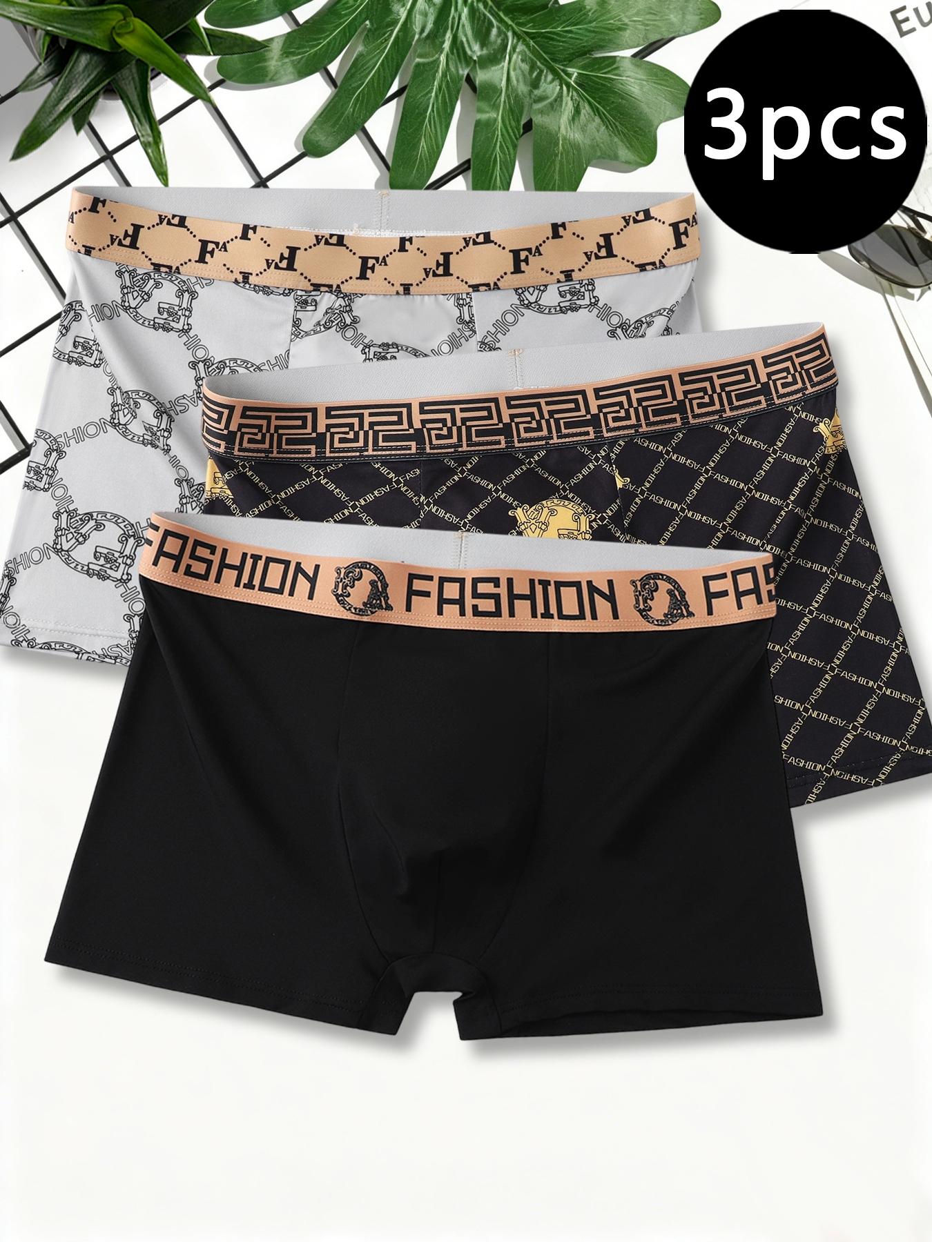 3Pcs Luxury Grid Men's Boxer Briefs | Gold Line Design Breathable Underwear | Stylish Stretch Boxers Shorts for Men
