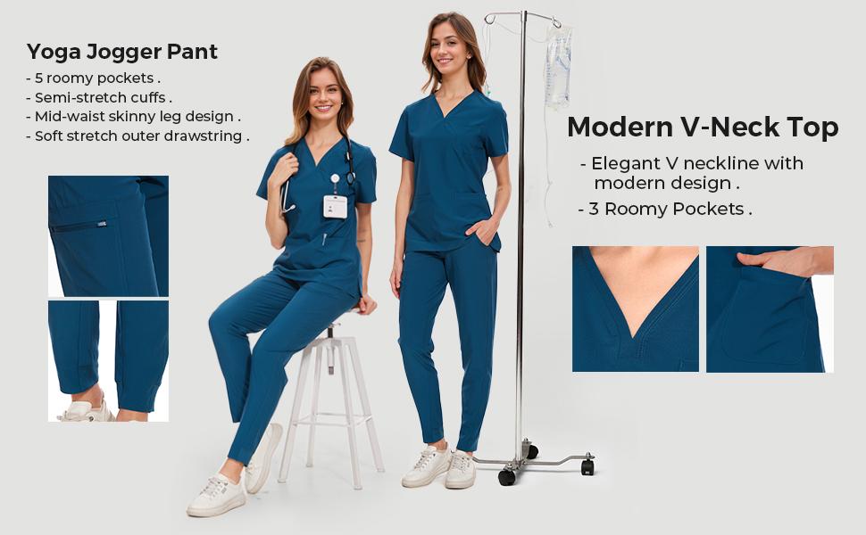 COZYFIT Medical Scrubs for Women Clara Air Set - Curved V-Neck Scrub Top & Jogger Pants with 8 Pockets SpringStatements