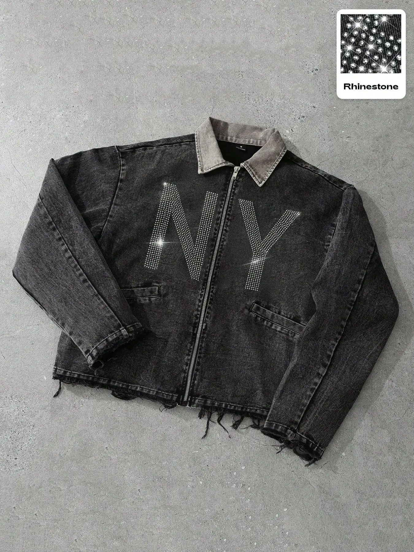 Men's Washed Denim Jacket, Colorblock Notch Lapel, Ny Rhinestone Letter Zipper Top, Frayed Hem Loose Cotton, Y2K High Street Vintage