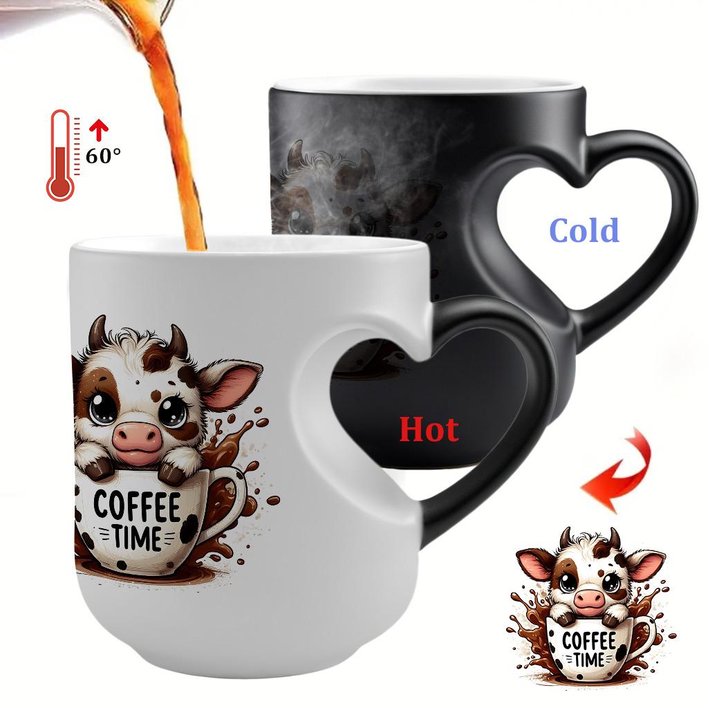1pc Highland Cow Coffee Time - Color Changing Ceramic Mug - Hot/Cold Thermochromic Design, Heart-Shaped  Reusable Coffee Cup, Birthdays - Perfect Gift for Valentine's Day, Easter, Mother's Day, Coffee Mugs