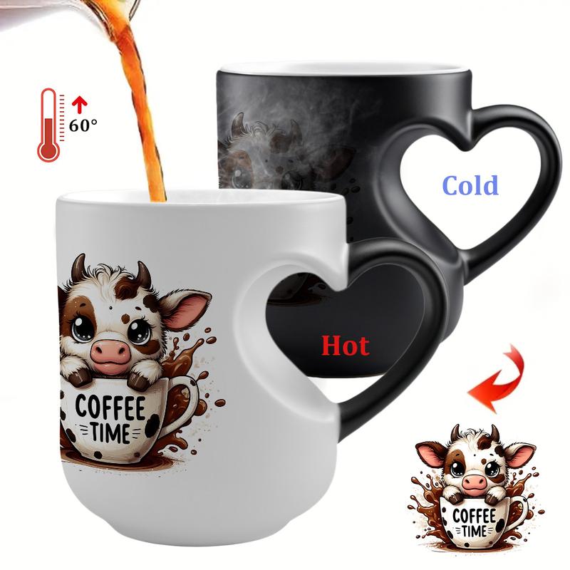 1pc Highland Cow Coffee Time - Color Changing Ceramic Mug - Hot/Cold Thermochromic Design, Heart-Shaped  Reusable Coffee Cup, Birthdays - Perfect Gift for Valentine's Day, Easter, Mother's Day, Coffee Mugs