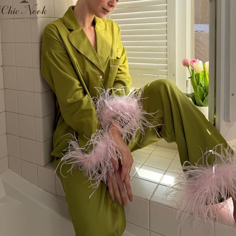 Feather Pajamas for Women Long Sleeves Button Down Shirt Lounge Pants Set Satin Silky Bridal Pjs