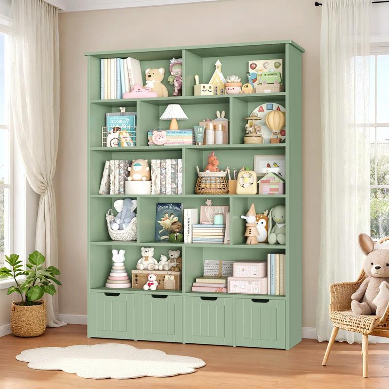 FOTOSOK Bookshelf and Bookcase with 4 Movable Drawers, Toy Organizer with Hidden Wheels and 12 Open Cubbies, Tall Bookshelf Large Open Book Shelf Standing Book Case for Home Office FOTOSOK Bookshelf and Bookcase with 4 Movable Drawers, Toy Organizer with Hidden Wheels and 12 Open Cubbies, Tall Bookshelf Large Open Book Shelf Standing Book Case for Home Office