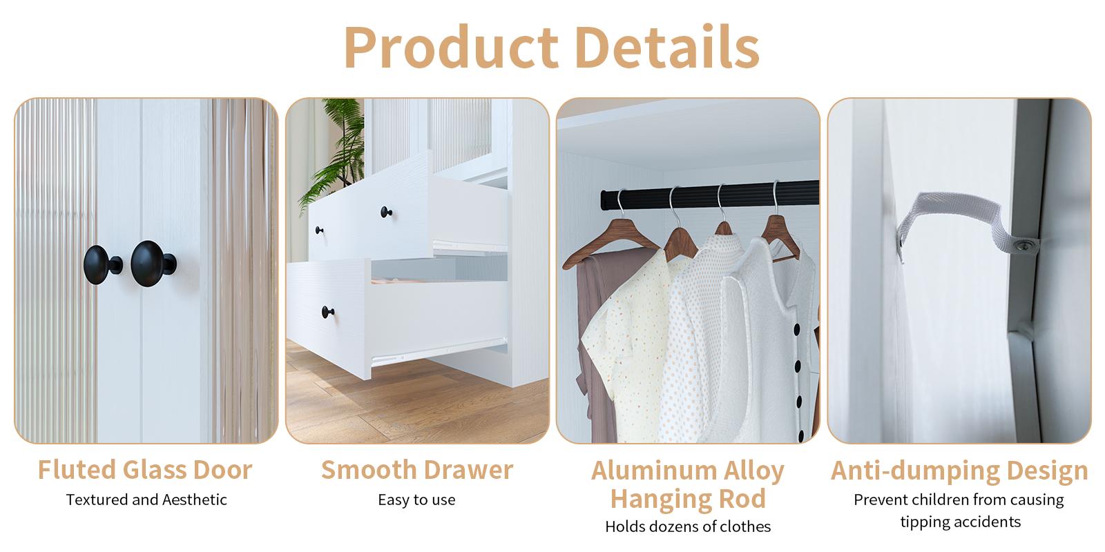 【2 Packages Delivery】VOWNER 71'' White Wardrobe Closet with Fluted Glass Door, 2 Drawer & Shelf, Wood Armoire Storage Cabinet for Bedroom