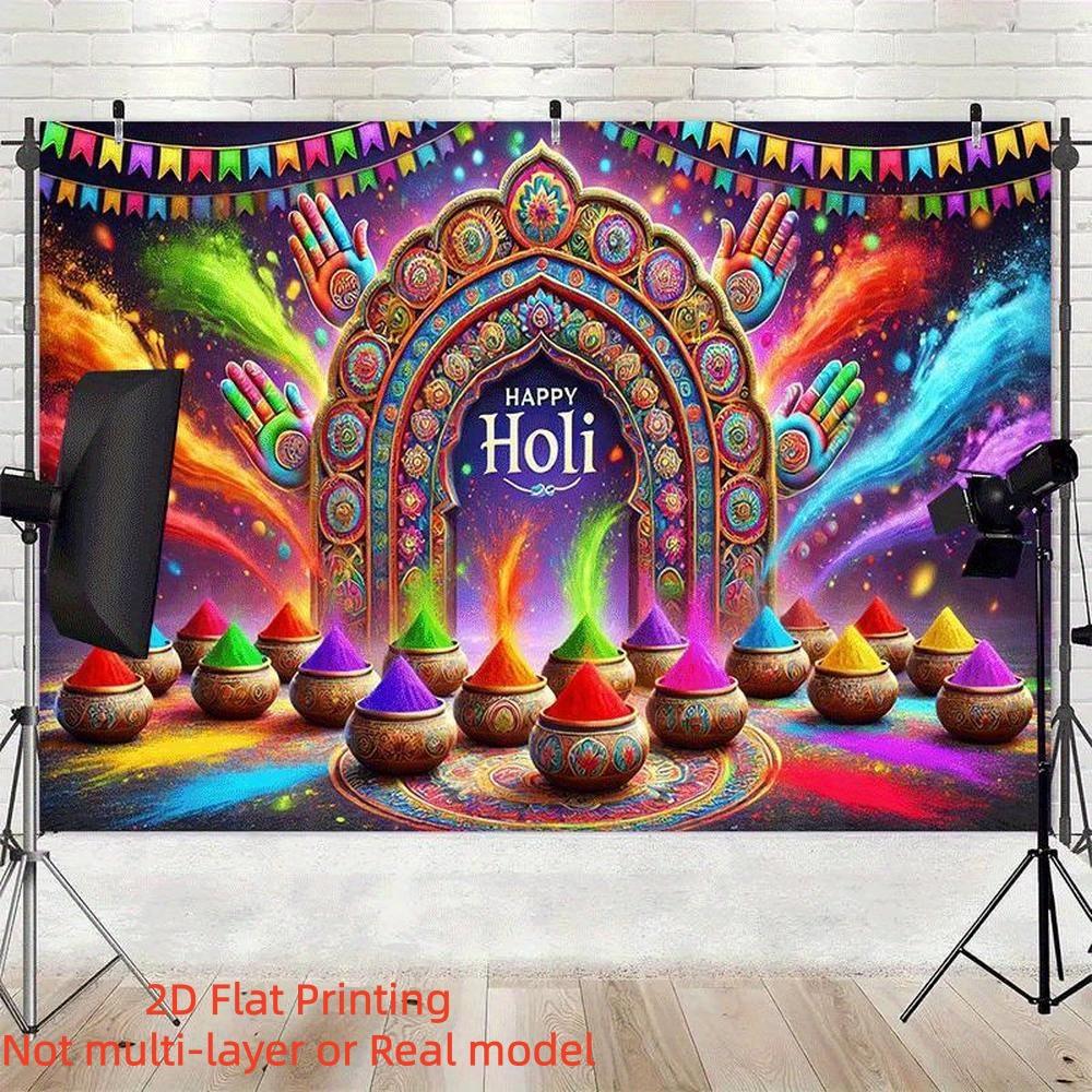 2D Flat Banner Vibrant Holi Festival Celebration Backdrop, Traditional Indian Design on Colorful Polyester Banner for Indoor & Outdoor Parties, Home & Garden Events