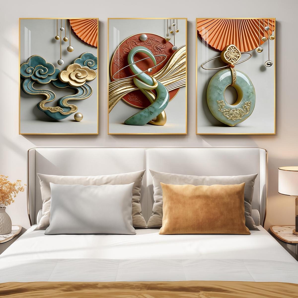 3 Counts Aluminum Alloy Framed Painting, Abstract Jade And Gold Art Sculpture Pictures, Home Decoration For Living Room, Bedroom, Office, Restaurant, Hallway Wall Decor, Odorless Print Artwork, Luxury Perfect Gift For Friends And Family