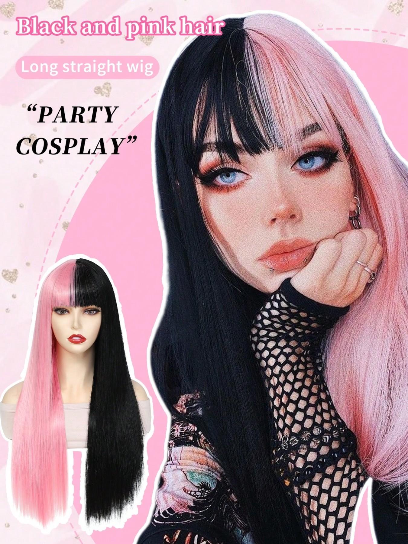 26 inch Cosplay Extension Hair Wig Pink And Black Color Synthetic Straight Hair Wig With Bangs Hair for women Wear Cosplay holiday Daily Halloween and Christmas New Year Carnival Music Festival