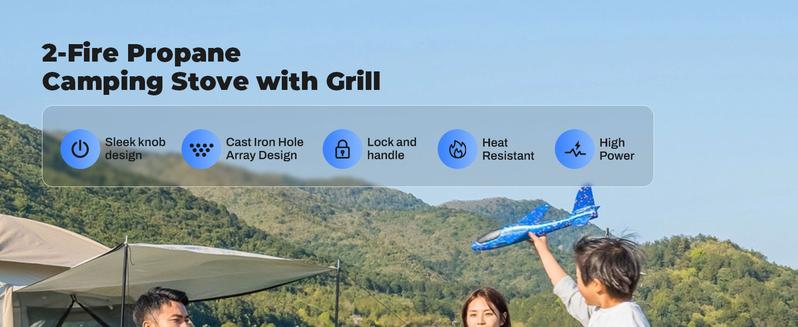 SCITOO 2 Burner Folding Camping Stove with Griddle, Portable Camp Isobutane Gas Stove with 16000 BTU Adjustable Burners & Piezo Ignition wind proof