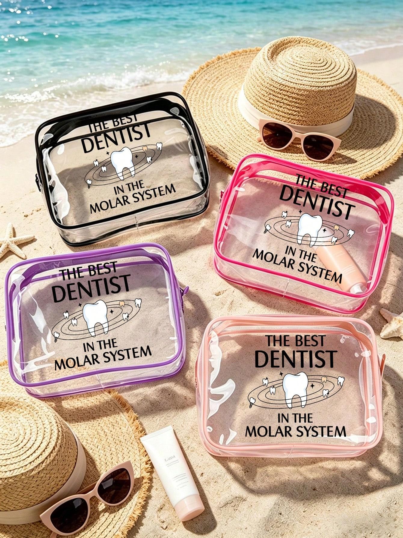 Clear PVC cosmetic bag with fun "Galaxy's Best Dentist" print. Waterproof and portable with zipper. Ideal for dentists, dental students and oral care lovers for work, travel and beach use.