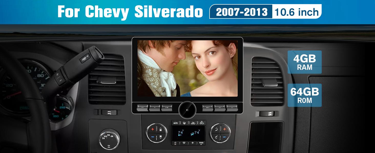 Car Stereo for Chevy Silverado 2007-2013 10.6 inch touch screen has Android Auto Wireless Carplay, Bluetooth WIFI supports GPS Navigation
