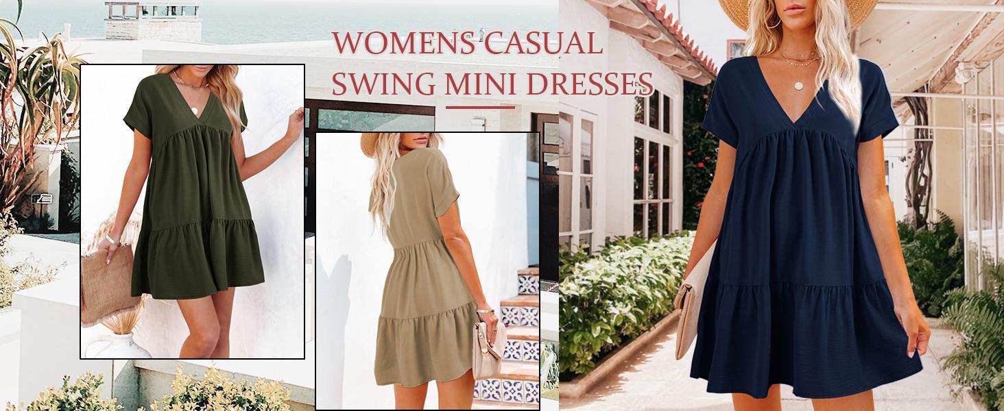 LAICIGO Women Summer Simple Style V Neck Flowy Babydoll Dress Comfy Loose Fit Short Sleeve Mini Tunic Dress Beach Dresses