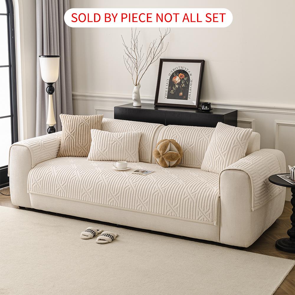 Comfortable Cross-Stitch Plush Sofa Cushion, Thick Soft Pet-Friendly Universal Sofa Protector, Non-Slip Faux Fur Chair Cover for Living Room Bedroom Office Decor