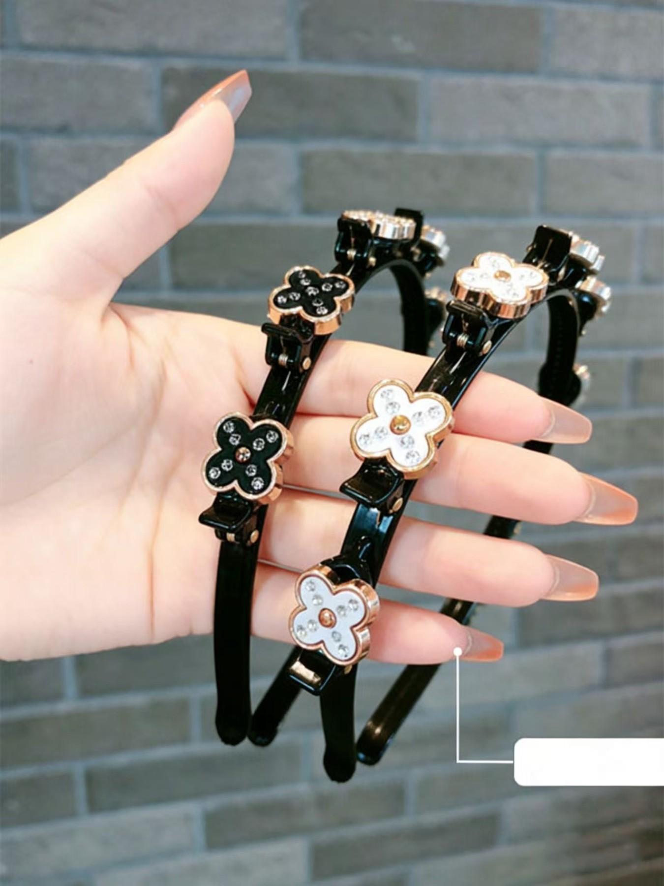 2pcs Women Floral Hair Accessories Set, Four Leaf Clover Casual Geometric Design Headbands & Clips, Perfect for Weddings Parties Daily Wear