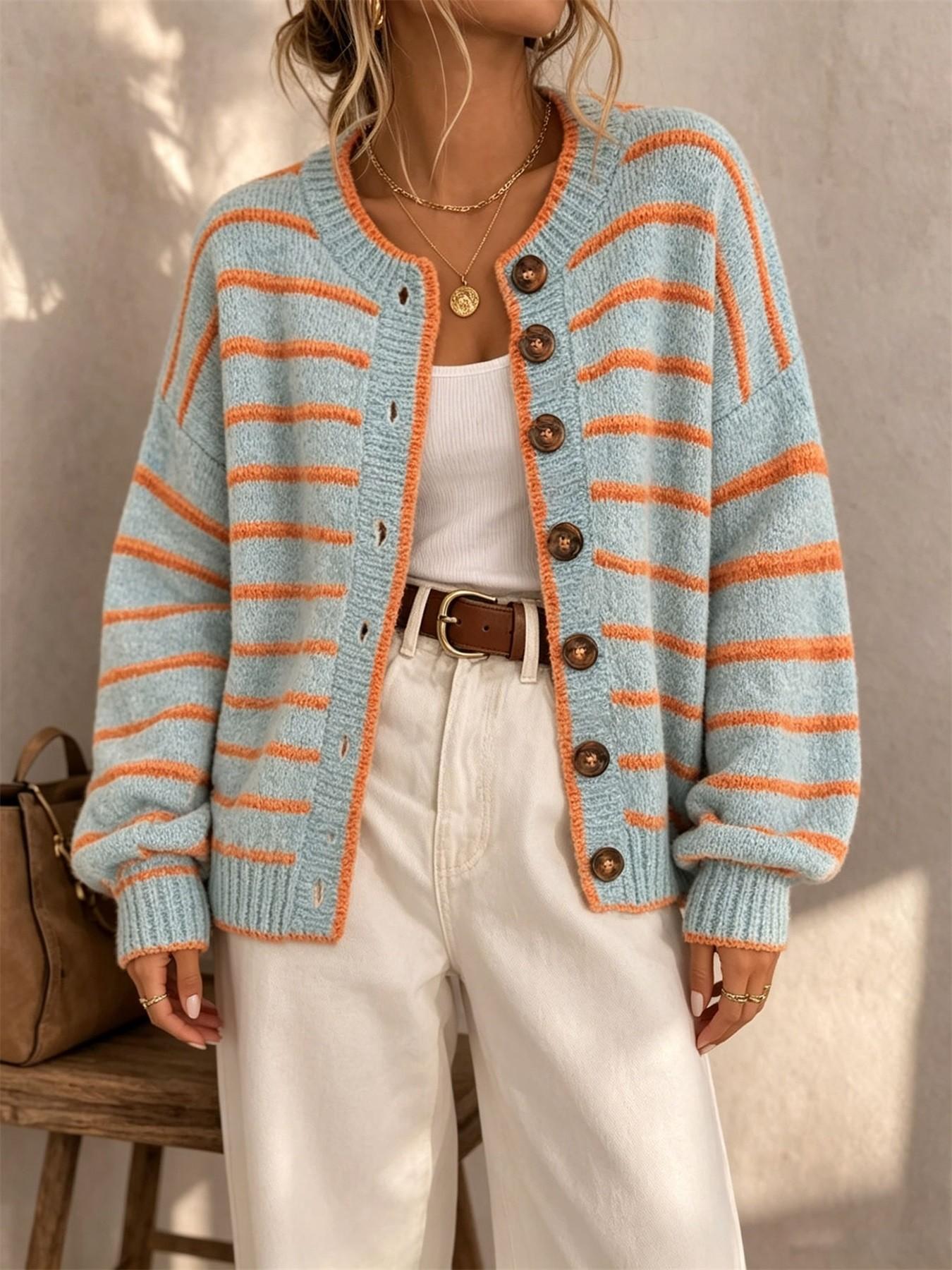 Women's Round Neck Drop Shoulder Single-Breasted Contrast Stripe Long Sleeve Fall/Winter Casual Fashion Loose Versatile Knit Cardigan – Urban Commute, Retro Street Sweater Wear