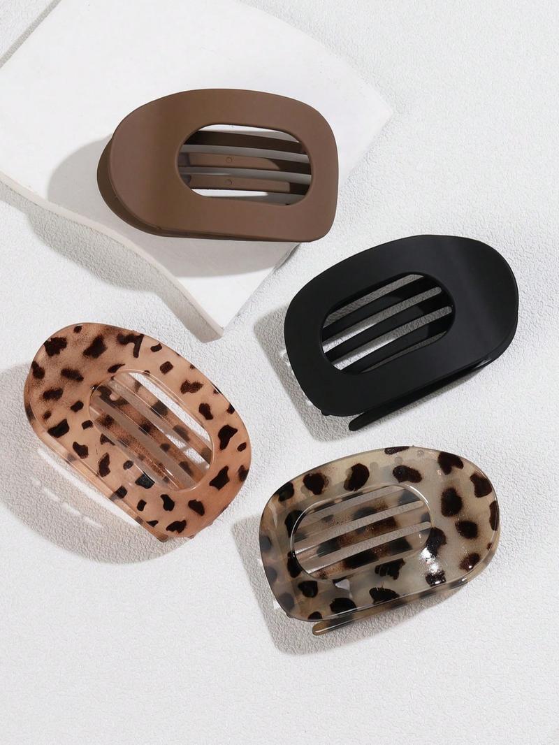 2-4pcs Flat Round Hair Clips, Solid Color + Leopard Print Combo, Women Daily Hairstyle Claws, Non-Slip Duck Mouth Clips, Curved Arc Design, Durable Plastic Hair Accessories, Vintage Minimalist Niche Hair Pins