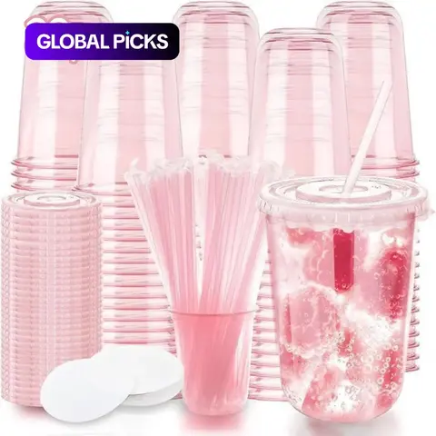 20 Sets 16oz U-Shape Plastic To-Go Cups with Lids, Filters, Straws, Disposable Transparent Iced Coffee Cups, Round Bottom Plastic Coffee Cups, To Go Cups With Lids And Straws #GLOBAL PICKS