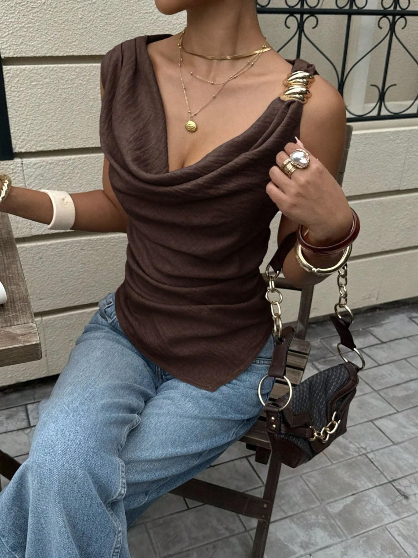 Women's Micro Tank Top Outfit, Summer Pile Collar Vest, Metal Decoration Irregular Sleeveless Top, Stylish Casual Wear, Perfect for Daily