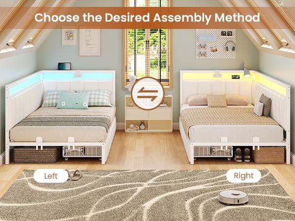 Hasuit | Corner Bed Frame with Storage Drawers Full Daybed with Line Fabric Upholstered Fence Kids Bed Unit with LED Light and Charging Station