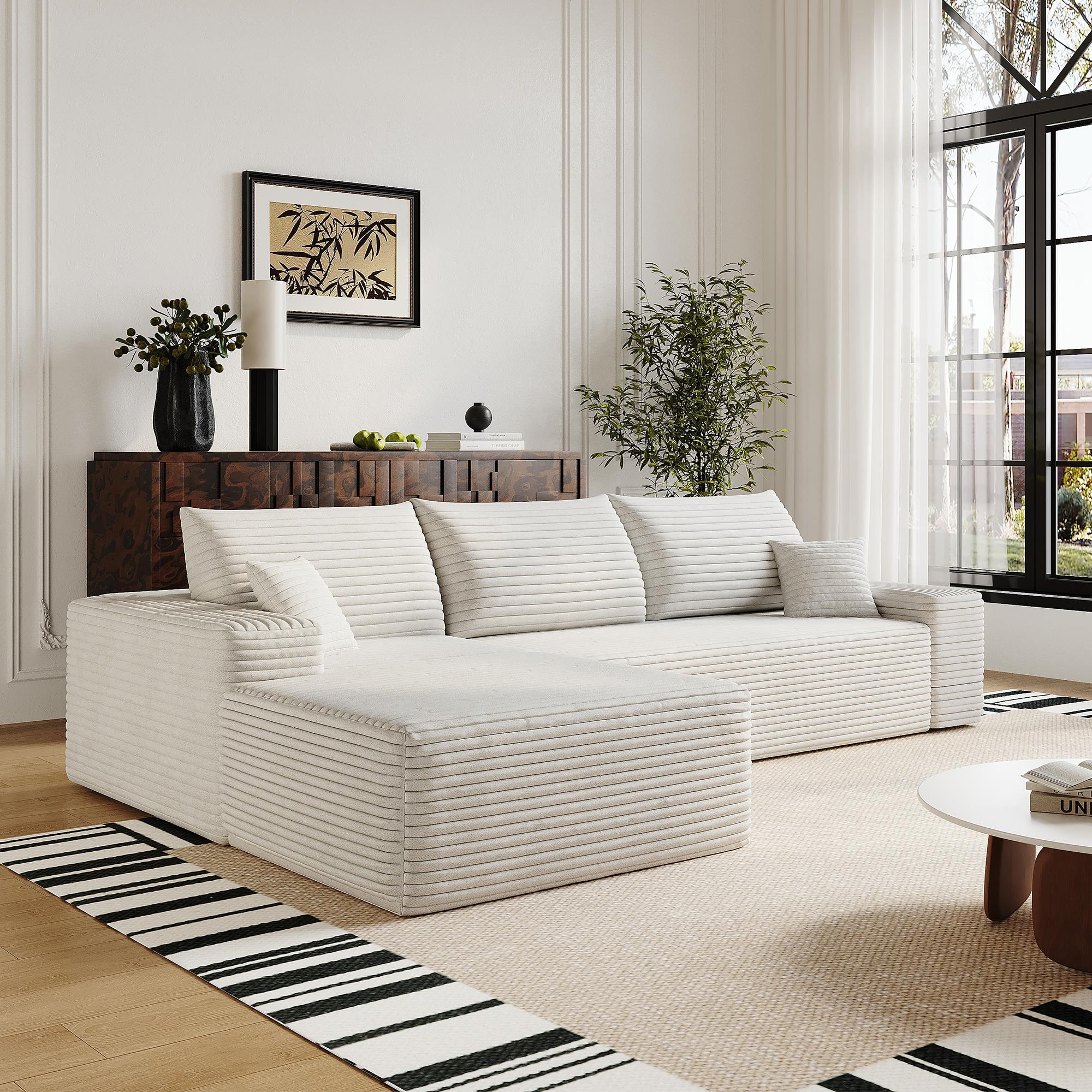 107" Cloud Sectional Couch with L-Shape Chaise,Modern Modular Sofa with Deep Seat, Upholstered Couches for Living Room Bedroom,No Assembly Required, (Plush Corduroy Fabric),White