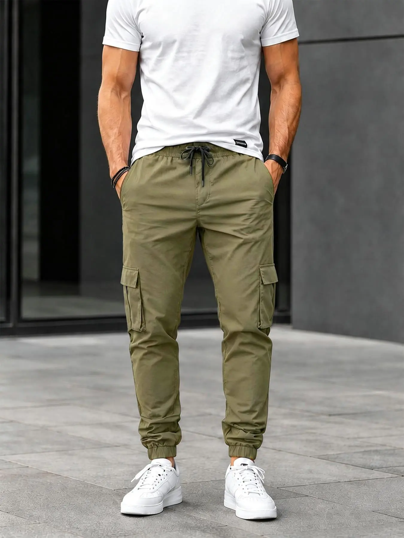 Men's Lightweight Jogger Cargo Pants, Side Utility Pockets, Elastic Drawstring Waist, Cuffed Ankle Pants for Daily Commute, Outdoor Streetwear