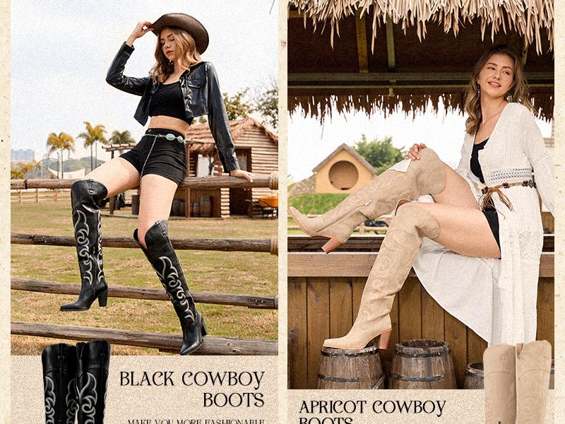 Wetkiss Thigh High Cowboy Cowgirl Boots for Women, Over the Knee with Vintage Embroidery, Side Zipper, Chunky Heel Design ,Women's Shoes,Women's Boots #TikTokShopStockUp