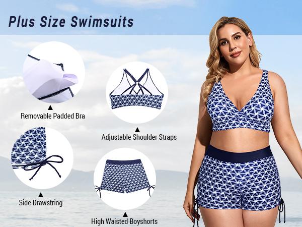 Holipick Women Three Piece Plus Size Tankini Swimsuits Tummy Control Bathing Suits with Sports Bra with Boy Shorts