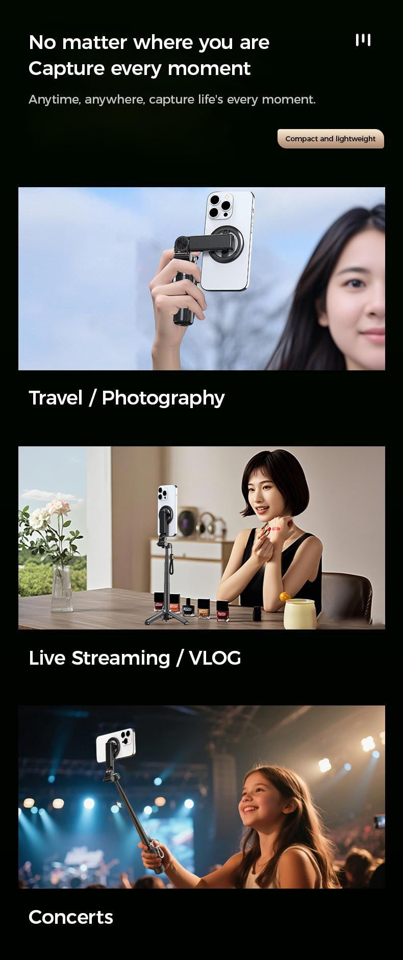 2026 New 4-in-1 Multifunctional Magnetic Selfie Stick 360° Rotation Compact Stylish with Wireless Bluetooth Control Magnetic Phone Holder for Selfies Video Recording Vlogging Compatible with Most Phone Modes Tripod Stabilizer ，Max extend to 14.96 inches