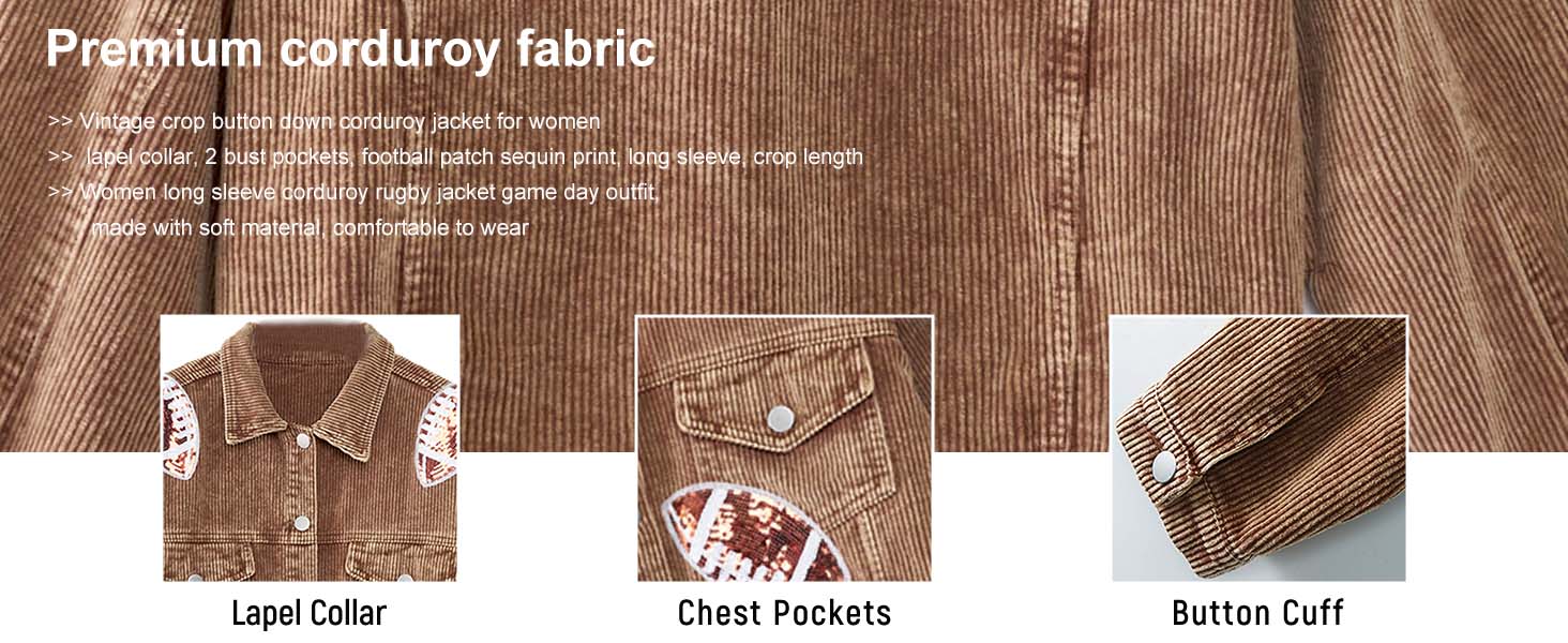 Ommig Womens Game Day Corduroy Sequin Football Cropped Jacket Rugby Oversized Lapel Button Down Shirt Shacket Coat