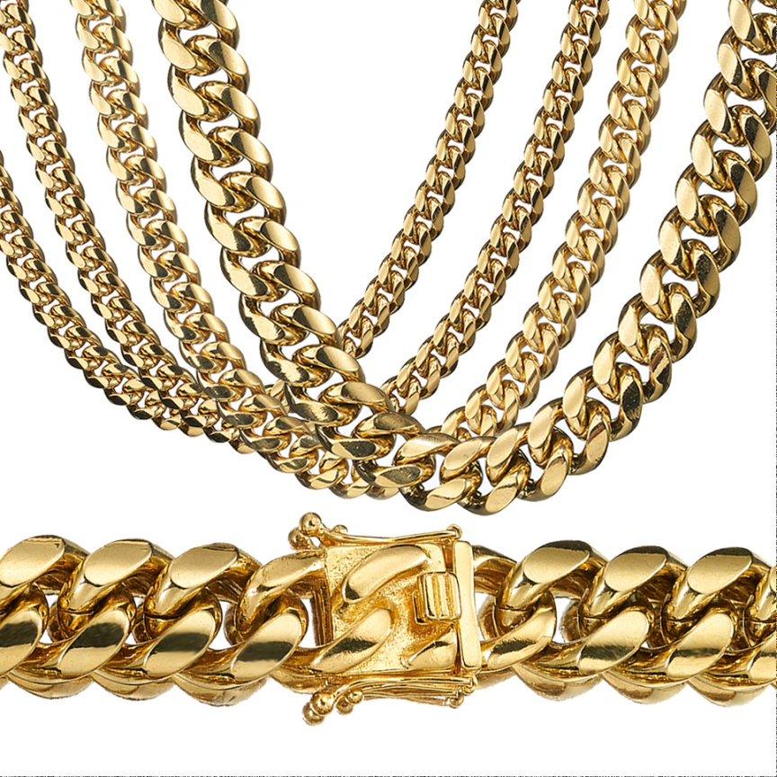 Miami hip-hop style necklace, Stainless steel with nano vacuum gold plating. Boasts a chunky Cuban link design, this trendy jewelry piece leads the latest fashion. It is the perfect choice for both everyday wear and gifting.Width: 6–14 mm