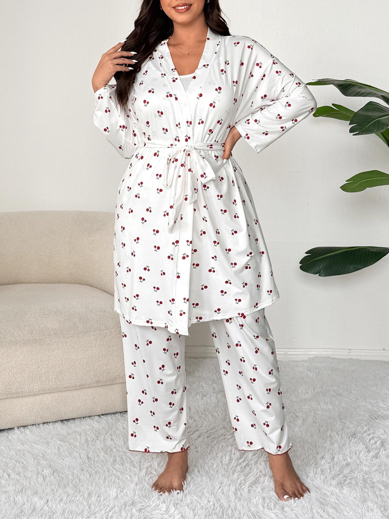 Plus Size Cherry Print Women's Sweet Comfortable Belted Robe & Sleeveless Long Pants & Cami Set, Three-Piece Pajama Sleepwear, Casual Home Wear Plus Size Cherry Print Women's Sweet Comfortable Belted Robe & Sleeveless Long Pants & Cami Set, Three-Piece Pajama Sleepwear, Casual Home Wear
