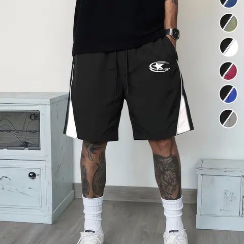 Men's Sporty Casual Shorts, Geometric Print, Loose Fit, Drawstring Waist, Pocket Design, Lightweight Nylon, Ideal for Basketball & Fitness, Drawstring Sports Shorts