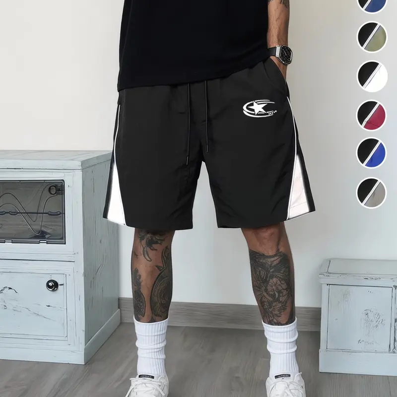 Men's Sporty Casual Shorts, Geometric Print, Loose Fit, Drawstring Waist, Pocket Design, Lightweight Nylon, Ideal for Basketball & Fitness, Drawstring Sports Shorts