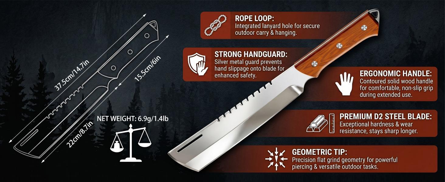 Heavy Duty Machete with Sheath, Full Tang Camping Machete with Wood Handle for Cutting Trees, Bushcraft, Hunting & Yard Work