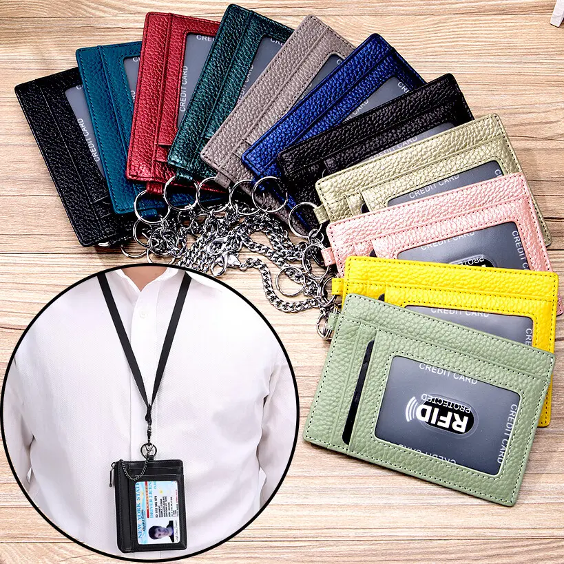 RFID Blocking Genuine Leather Card Holder, Slim Mini ID Wallet with Clear ID Window Multiple Card Slots Cash Pocket Detachable Key Chain Portable Card Pouch