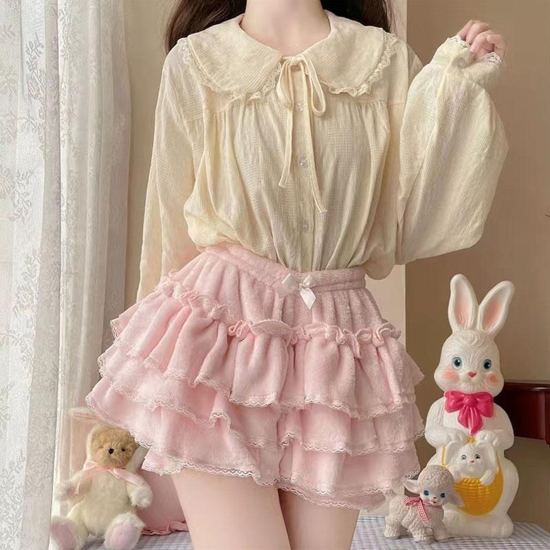 Autumn Winter Warm Lolita Safety Short Pants Women Sweet Chic Plush Bloomers Japanese Y2k Lace Bow Knickers Harajuku Cute Shorts