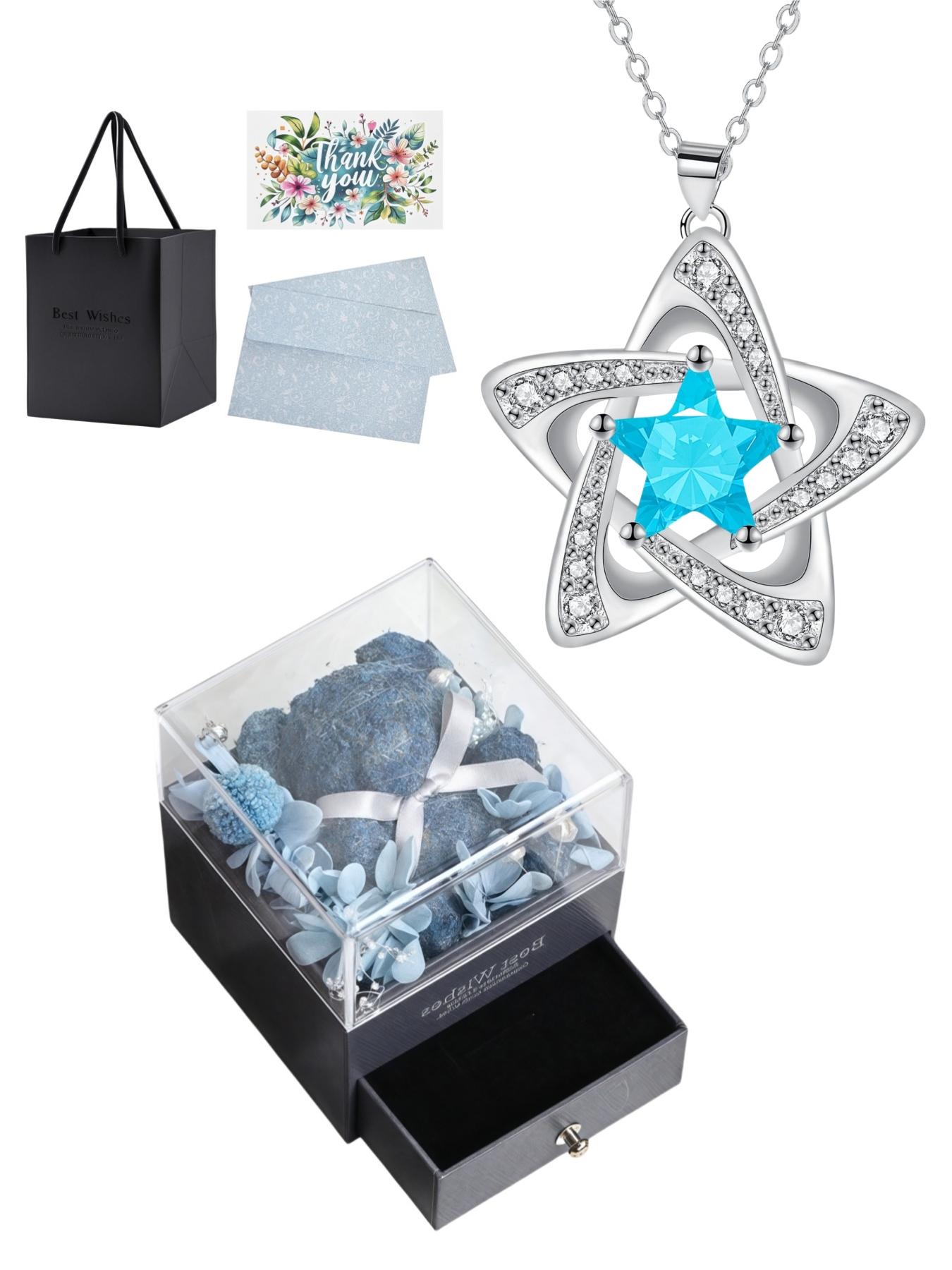 "Blue Diamond Stardust" — Elegant blue pentagram sapphire necklace with preserved rose & eco-friendly moss teddy bear gift box. A perfect mysterious gift for festivals, dates, birthdays for wives or daughters, and Valentine's Day.
