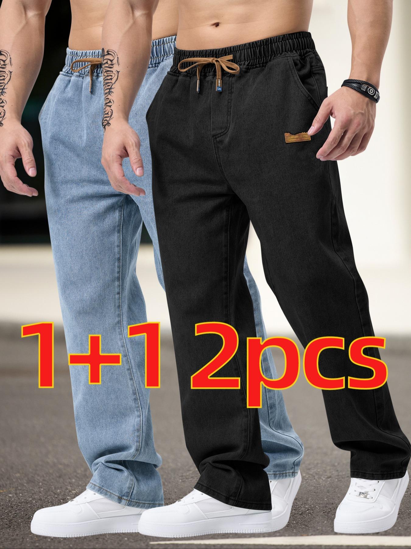 Men's Drawstring Elastic Waist Washed Straight Leg Jeans, & Blue, 2 Piece Set, Casual Daily Wear, All Seasons