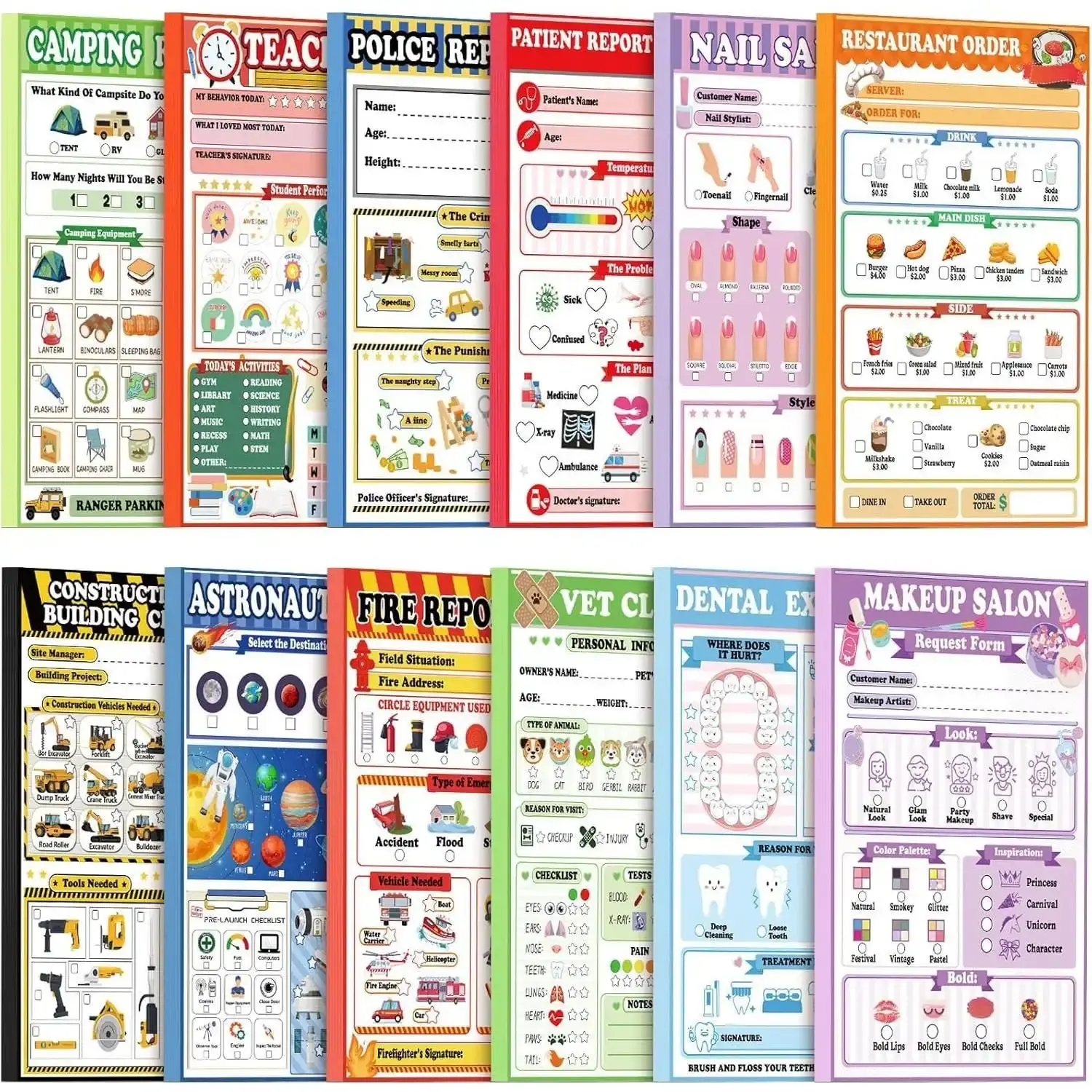 12 Pack  Pretend Play Notepads 4 x 6 Inch Playtime Pads for  40 Pages Pretend Notebooks Imaginative Role for  (Mixed)