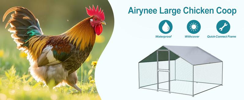 Chicken Coop Large Metal Chicken Run for 6/10 Chickens Poultry Cage with Waterproof Cover for Duck Walk-in Chicken Pen for Yard