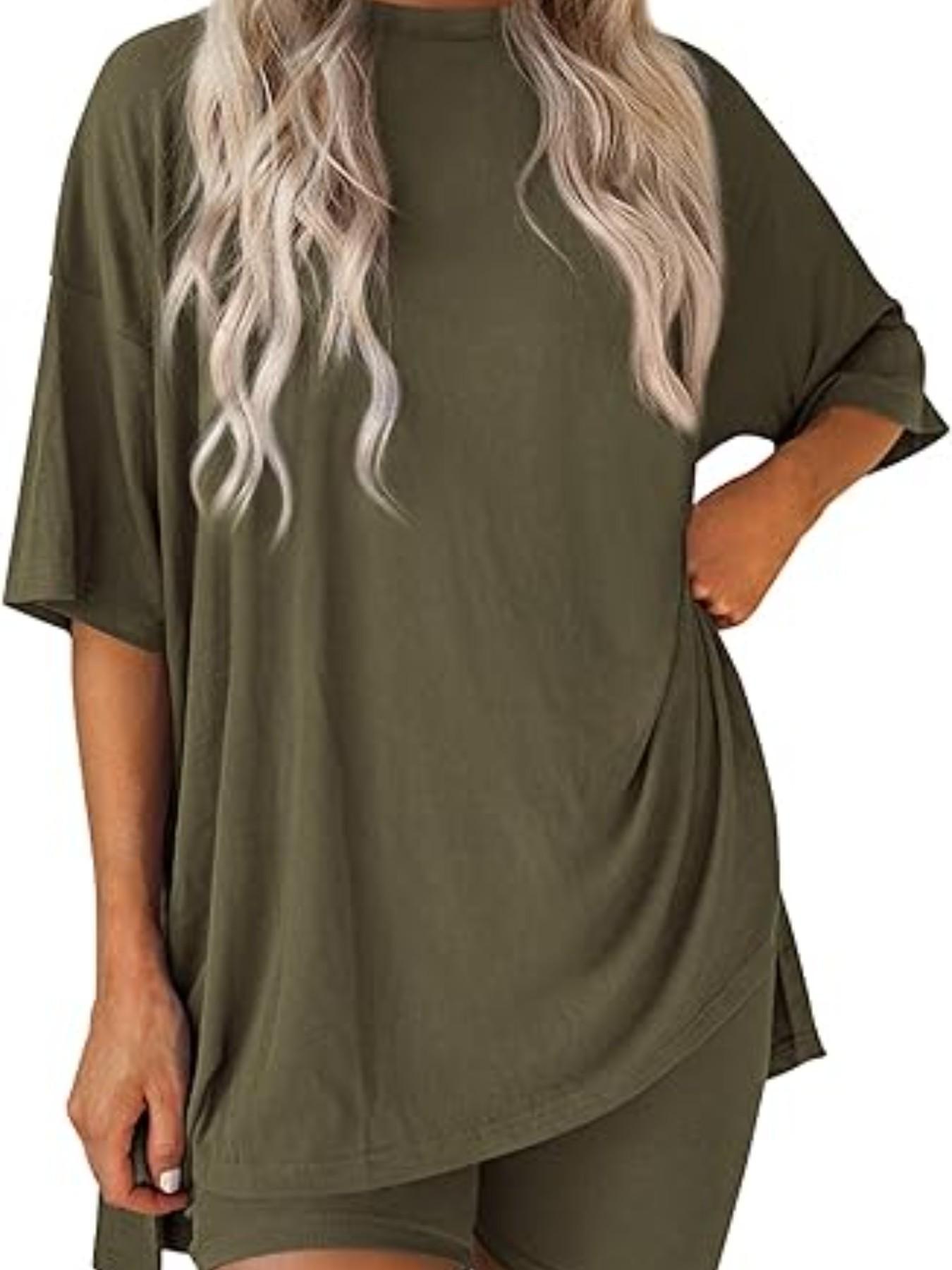 Women's Solid Color T-Shirt and Tight Shorts Set, Summer Comfort Round Neck Pajamas Loungewear, Nightwear, Pocket Design, Suitable for Outdoor Wear