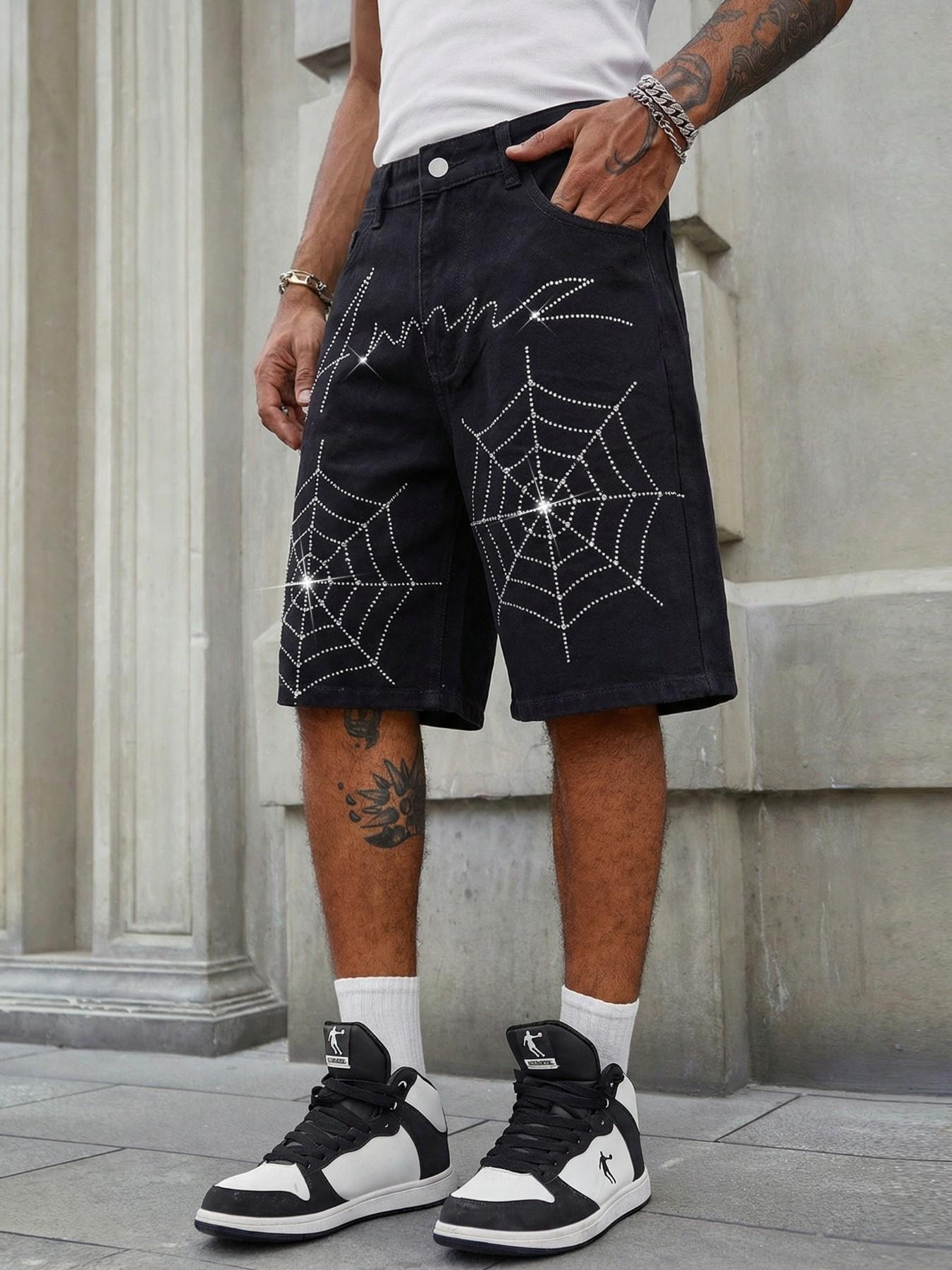 Men's Summer Rhinestone Spider Web Letter Pattern Loose Fit Mid Waist Denim Shorts, Y2K Streetwear Festival Casual Pants