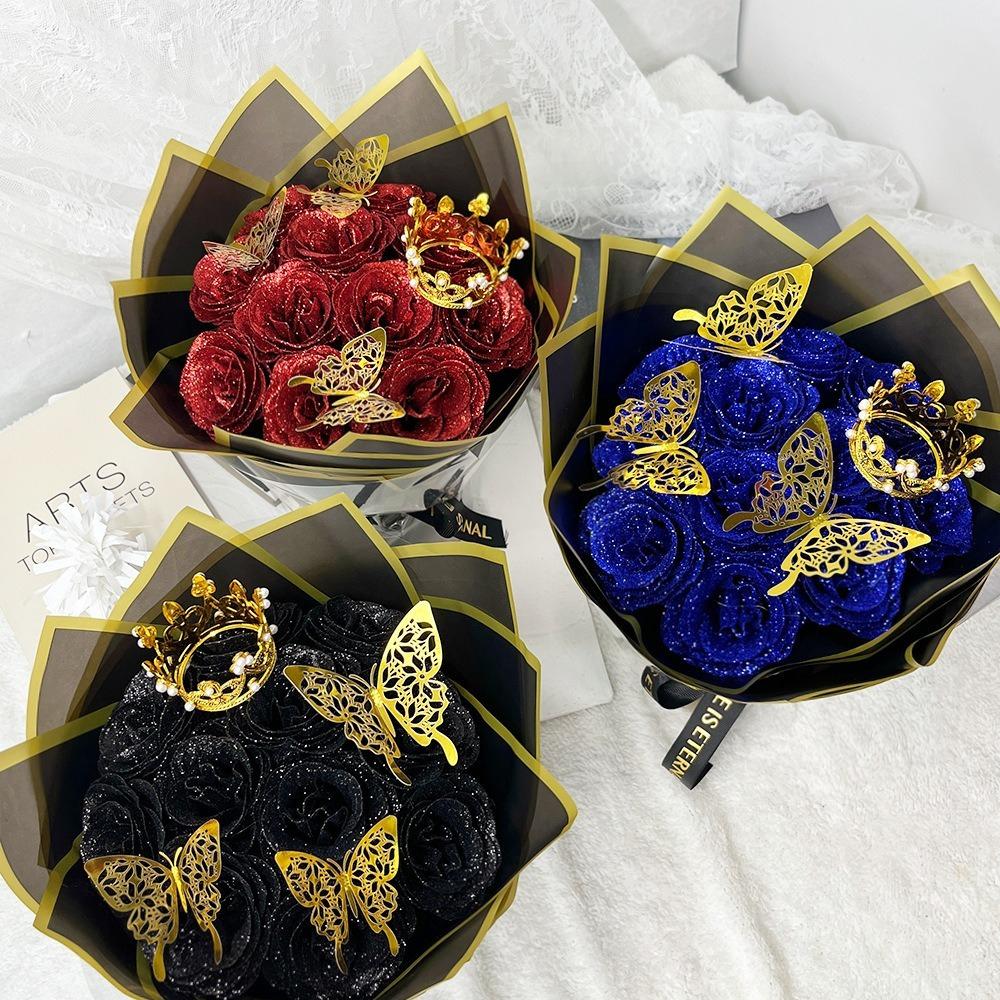 24/36 Pcs Glitter Roses Bouquet DIY Fake Flowers Set with 3D Butterflies Crown Alphabet Stickers Ribbon Mother's Day Gift for Mom Girlfriend Wife Women Valentine's Day Birthday Engagement Wedding Anniversary Graduation Gift TikTok Viral Aesthetic Craft