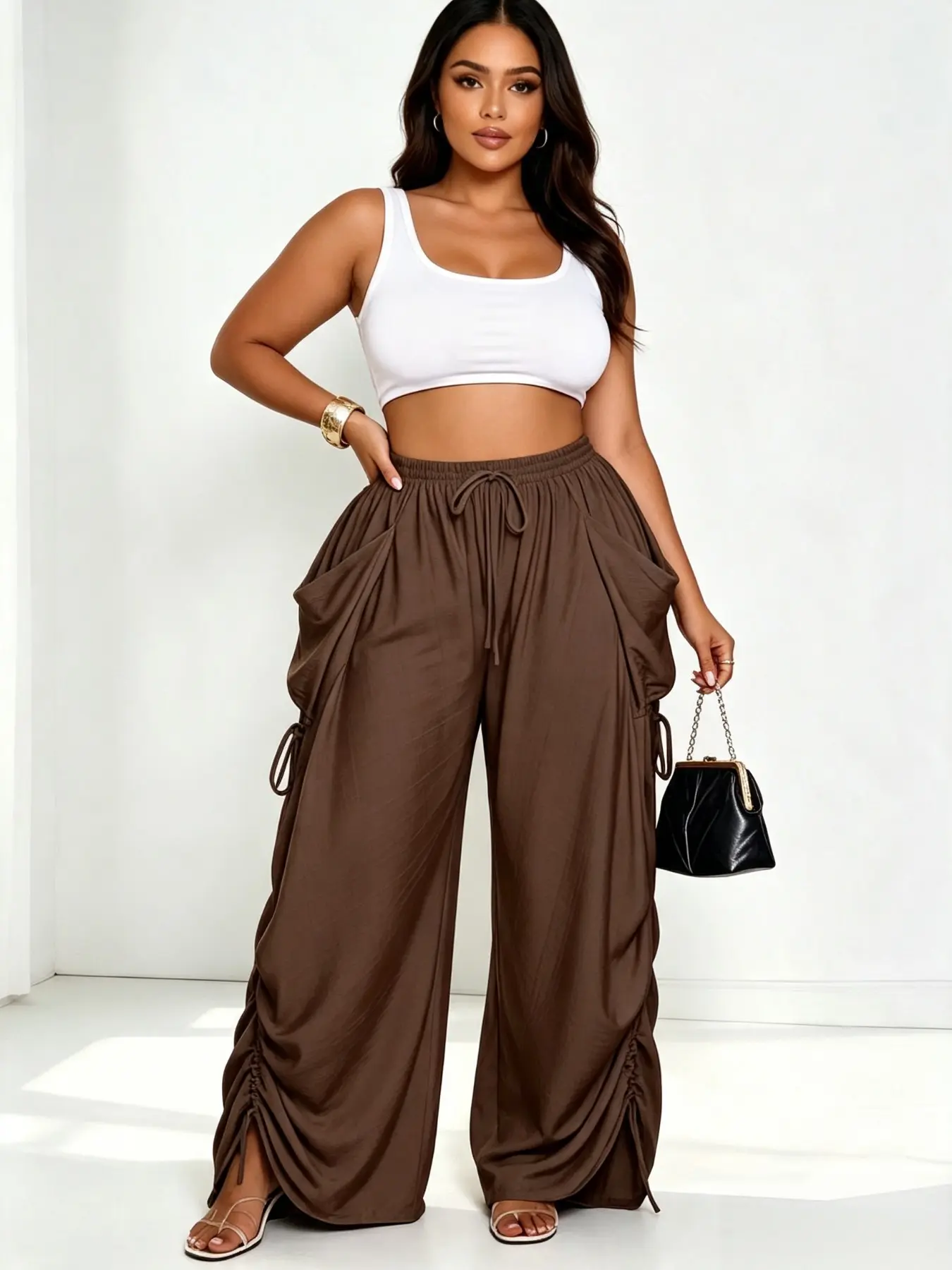 High-Waisted Drawstring Linen Palazzo Pants for Women, Loose-Fit Spring & Fall Fashion, Breathable Comfortable Casual Home Wear