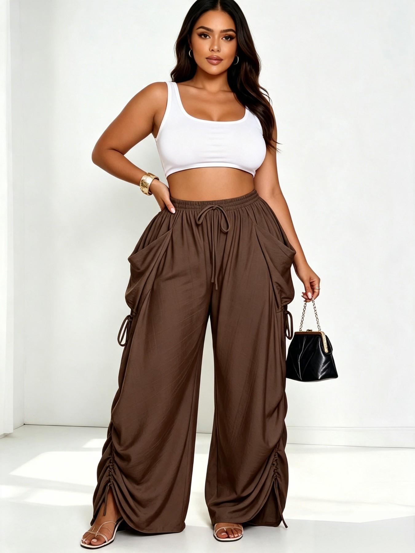High-Waisted Drawstring Straight-Leg Pants for Women, Casual Comfortable Home Wear, Spring & Fall Fashion, Plain Pattern, Multiple Colors Available