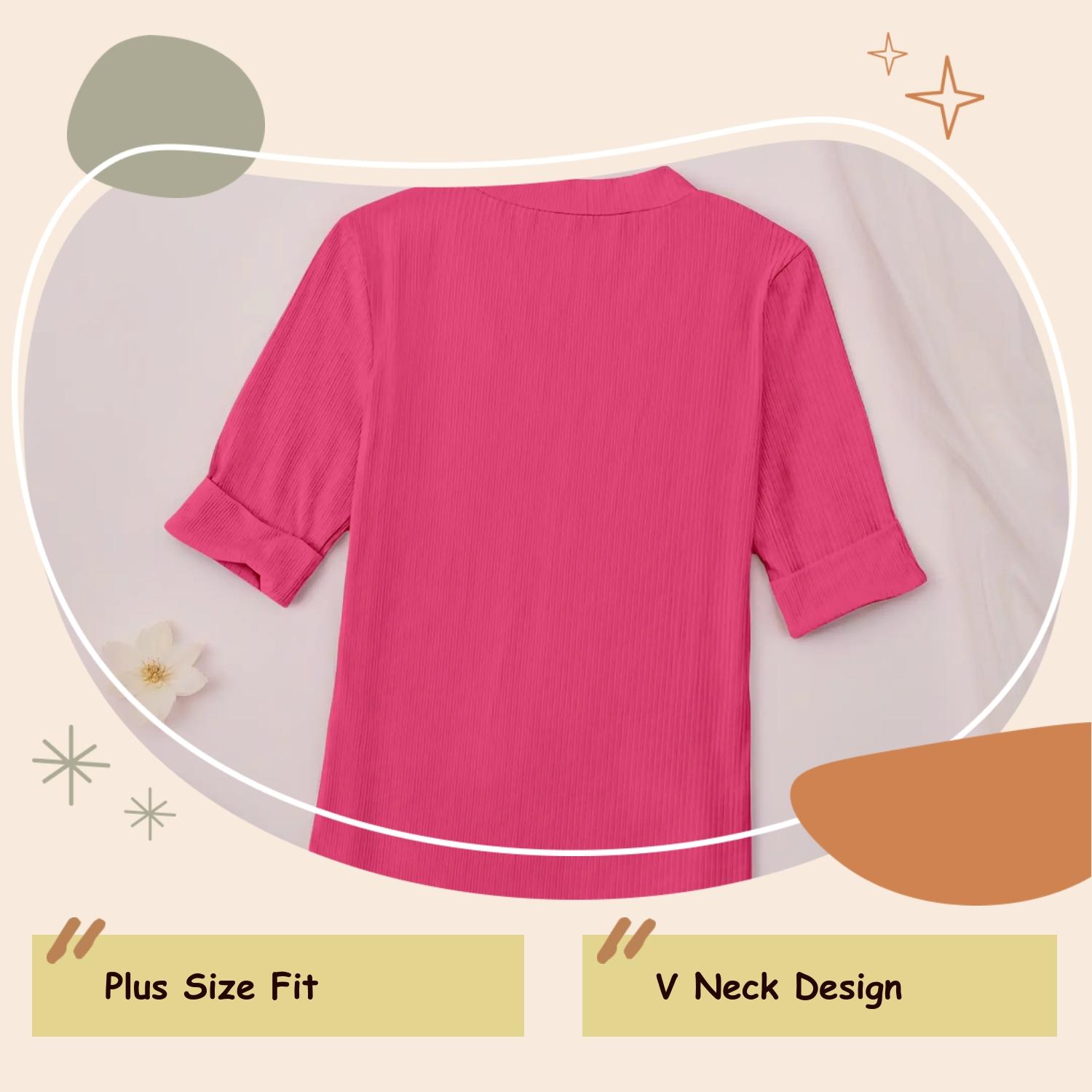 Plus Size Solid V Neck Roll Up Sleeve Tee, Casual Fitted T-shirt , Women's Plus Clothing for Daily Wear, Cute Tops, Quality and Durability