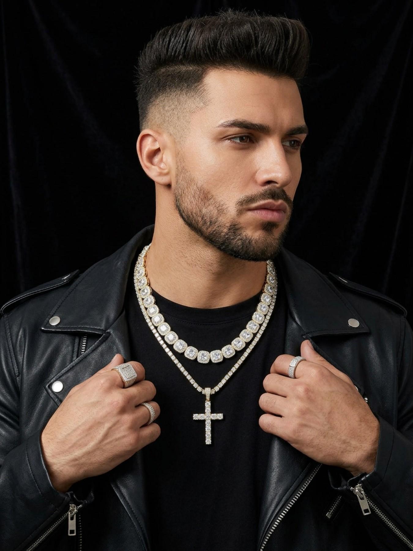 Fashionable and simple cross pendant with square diamond Cuban chain set, moissanite European and American hip-hop style necklace pendant, gold and silver chain necklace, ice diamond tennis festival necklace jewelry set