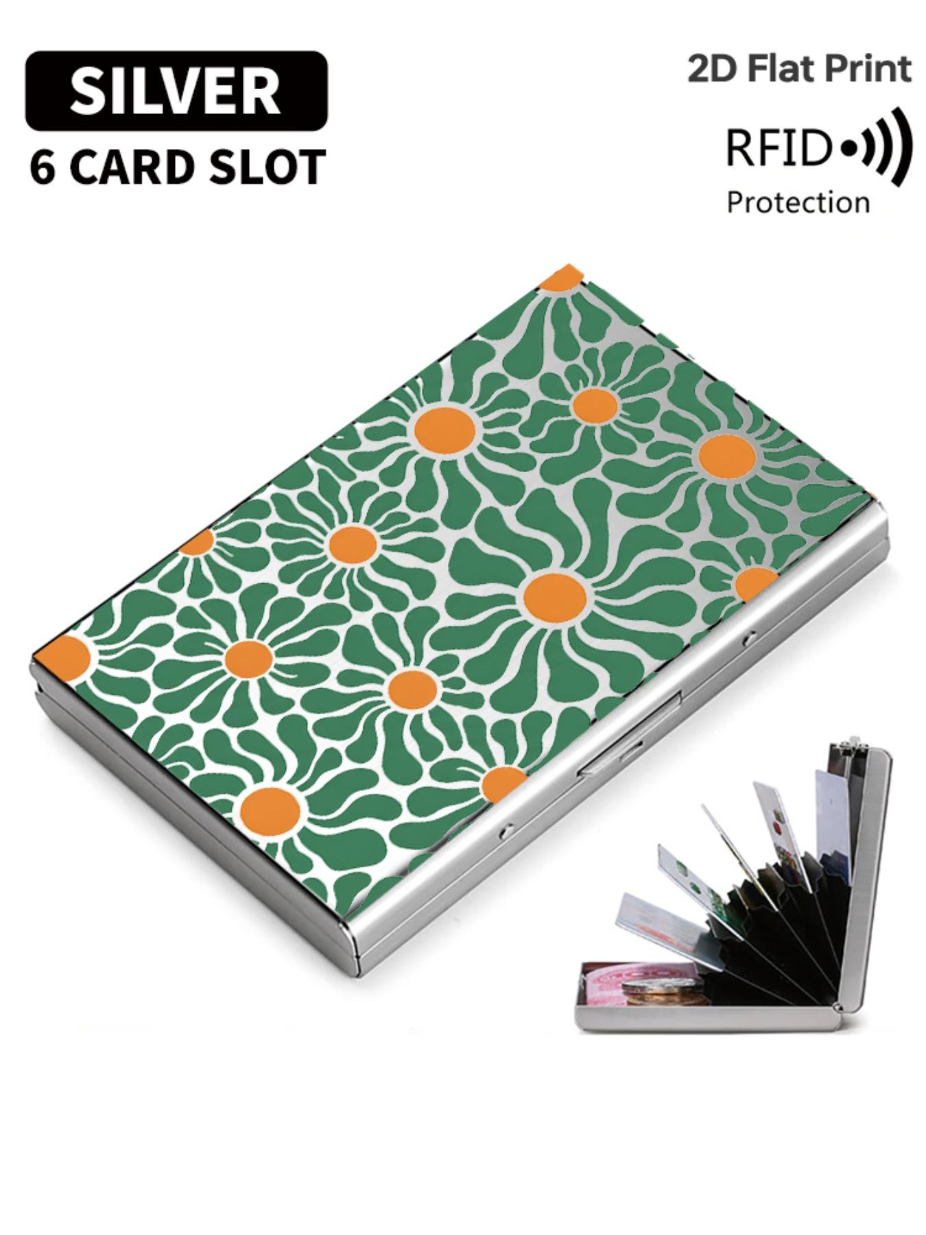 Rfid Anti-Theft Stainless Steel Card Holder, Vintage Daisy Pattern, Slim Wallet for 6 Cards, Unisex Travel & Business Use