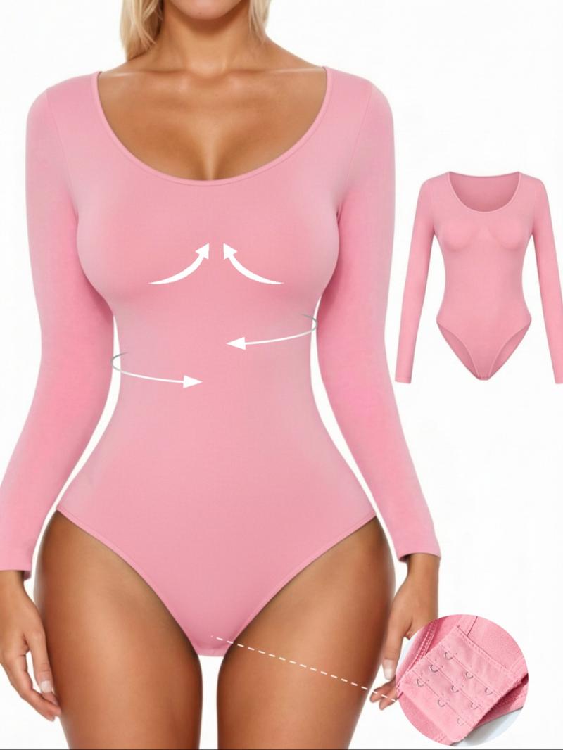 Women's Shapewear for Fall&Winter,Ribbed Abdomen Control Bodysuit, Long Sleeve Seamless T Shirt,Comfortable Scoop Neck Body Suit Stretchy Basic Tops, Fit Soft Elastic Fabric, Perfect For Daily Wear and  Going Out